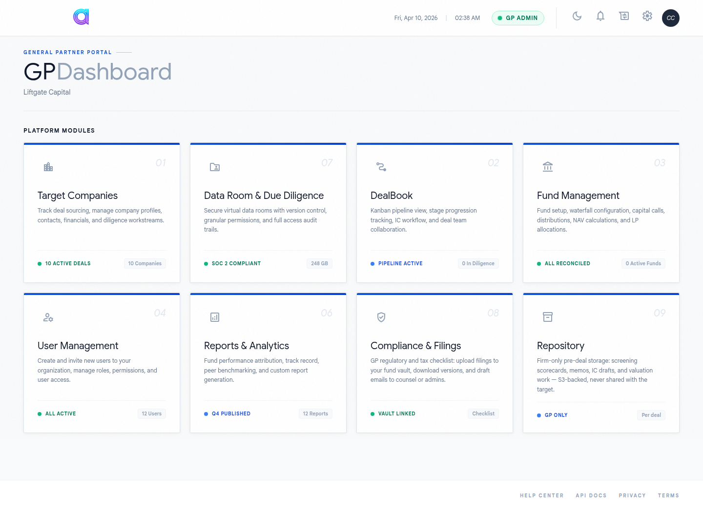 The GP Command Center — your hub for managing portfolio companies, funds, data rooms, and deal flow.